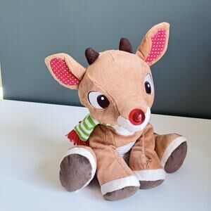10" Sitting Plush Rudolph the Red Nose Reindeer, Nose Lights Up, Sound *READ T65